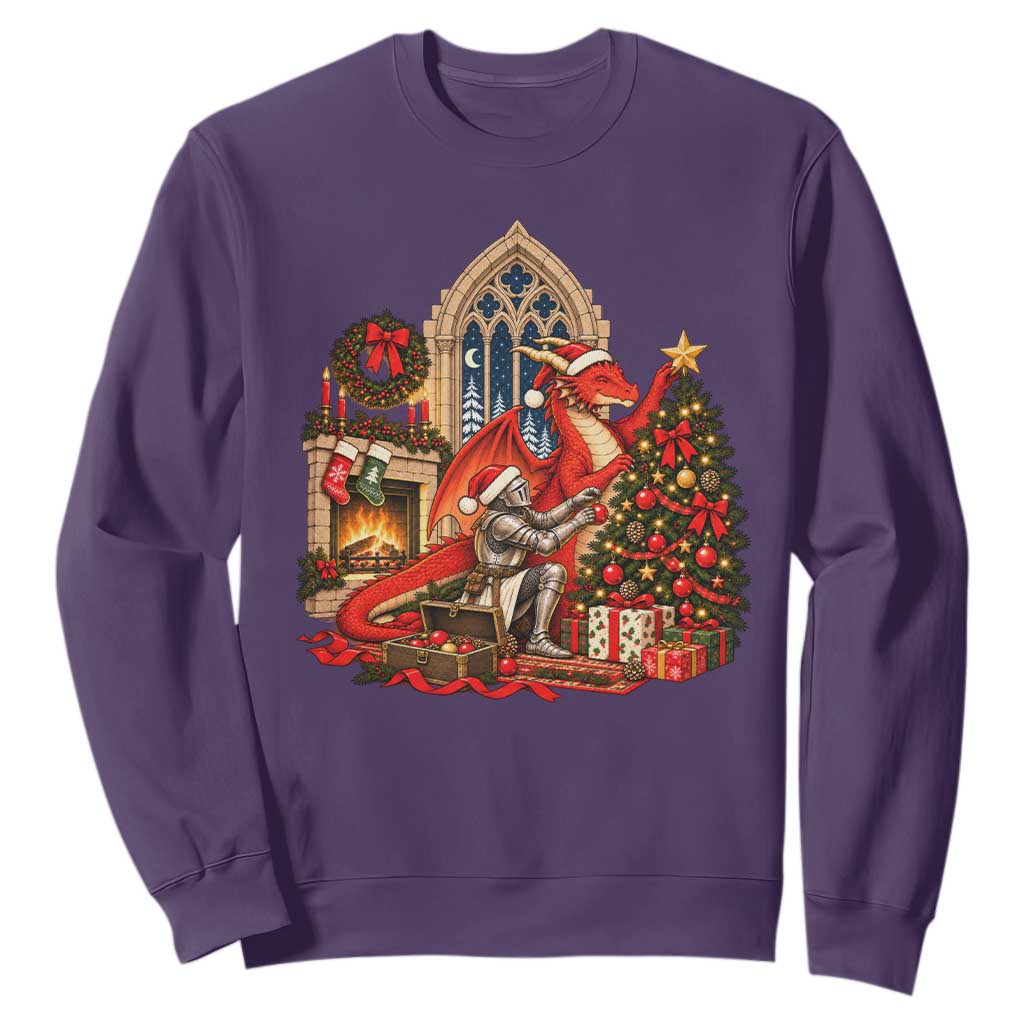 Dragon And Knight Decorating Christmas Tree Sweatshirt Medieval Fantasy Castle Holiday TS10