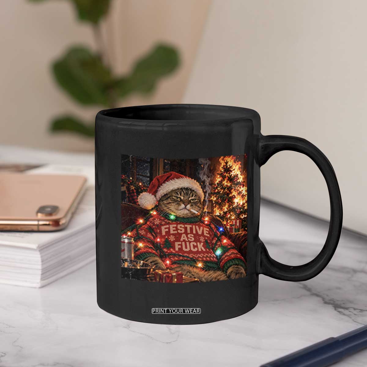 Festive As Fck Smoking Cat Funny Christmas Coffee Mug TS11