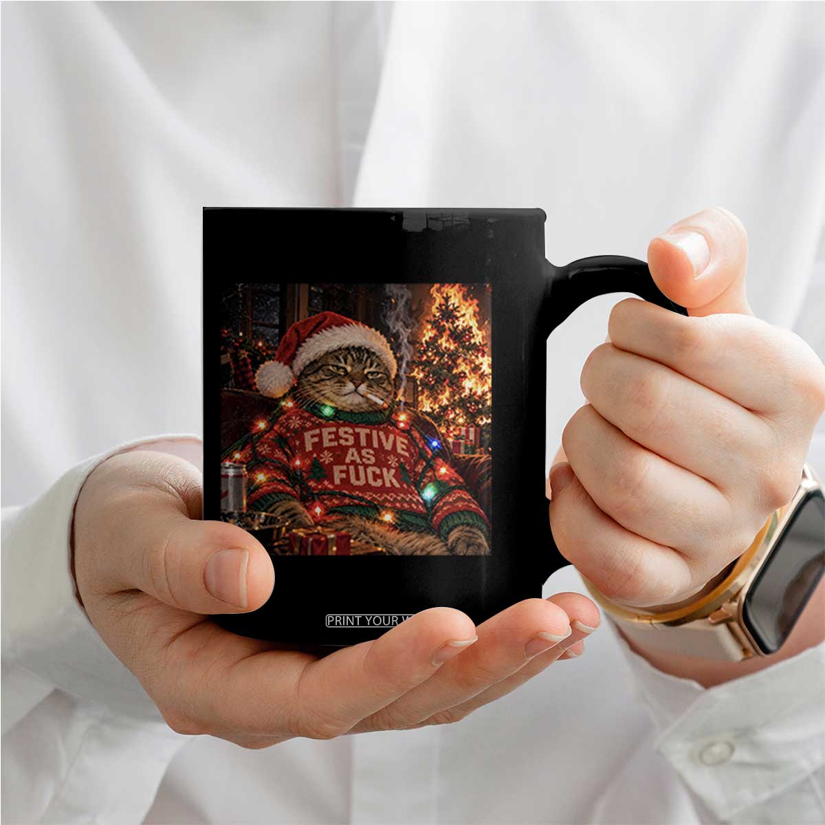 Festive As Fck Smoking Cat Funny Christmas Coffee Mug TS11