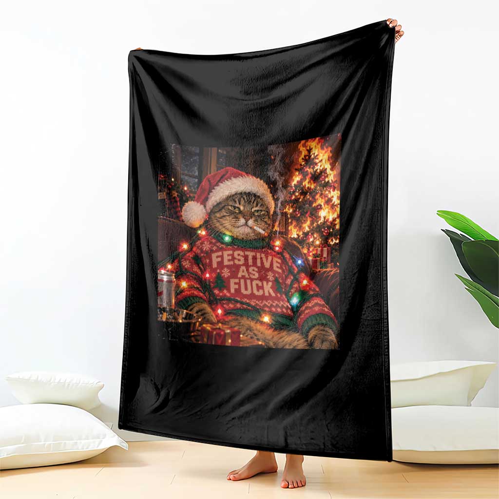 Festive As Fck Smoking Cat Funny Christmas Throw Blanket TS11