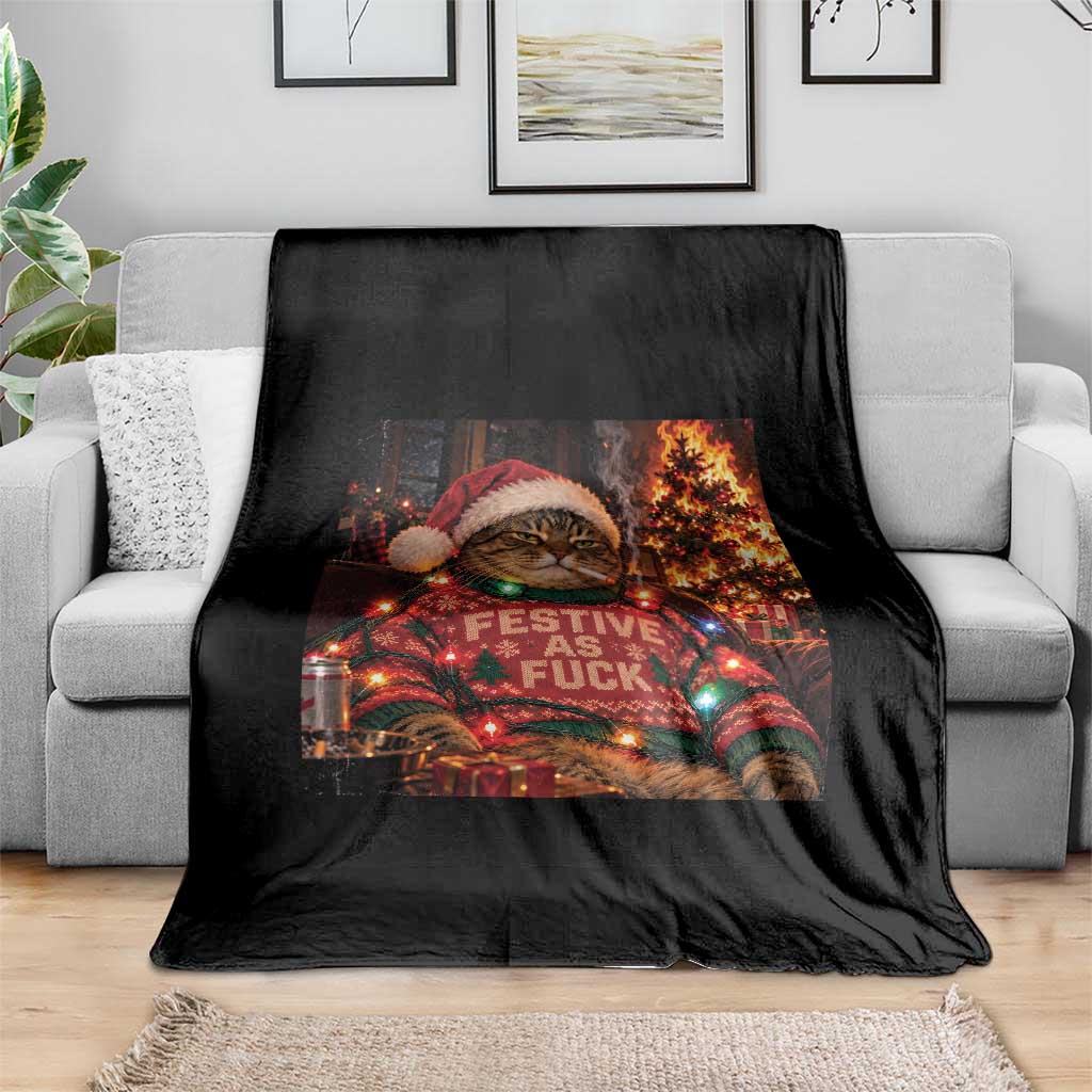 Festive As Fck Smoking Cat Funny Christmas Throw Blanket TS11
