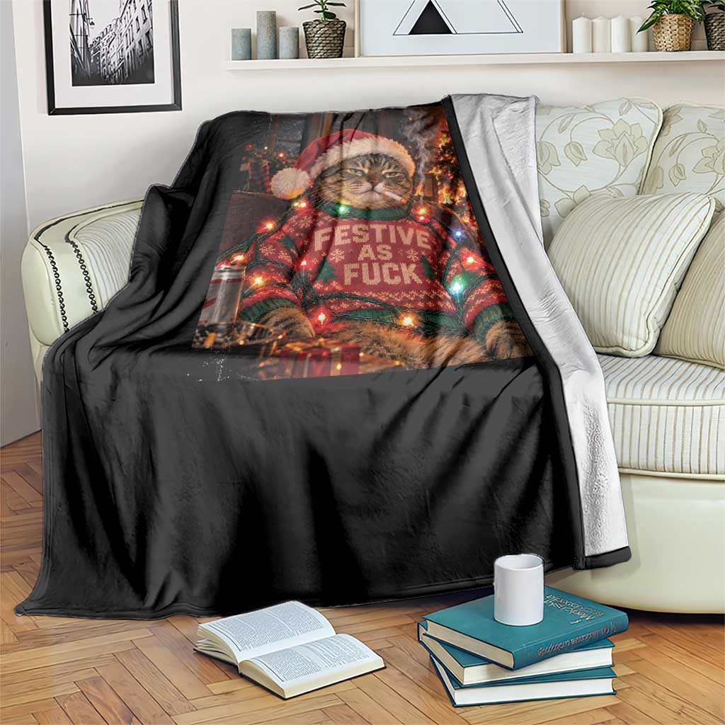 Festive As Fck Smoking Cat Funny Christmas Throw Blanket TS11