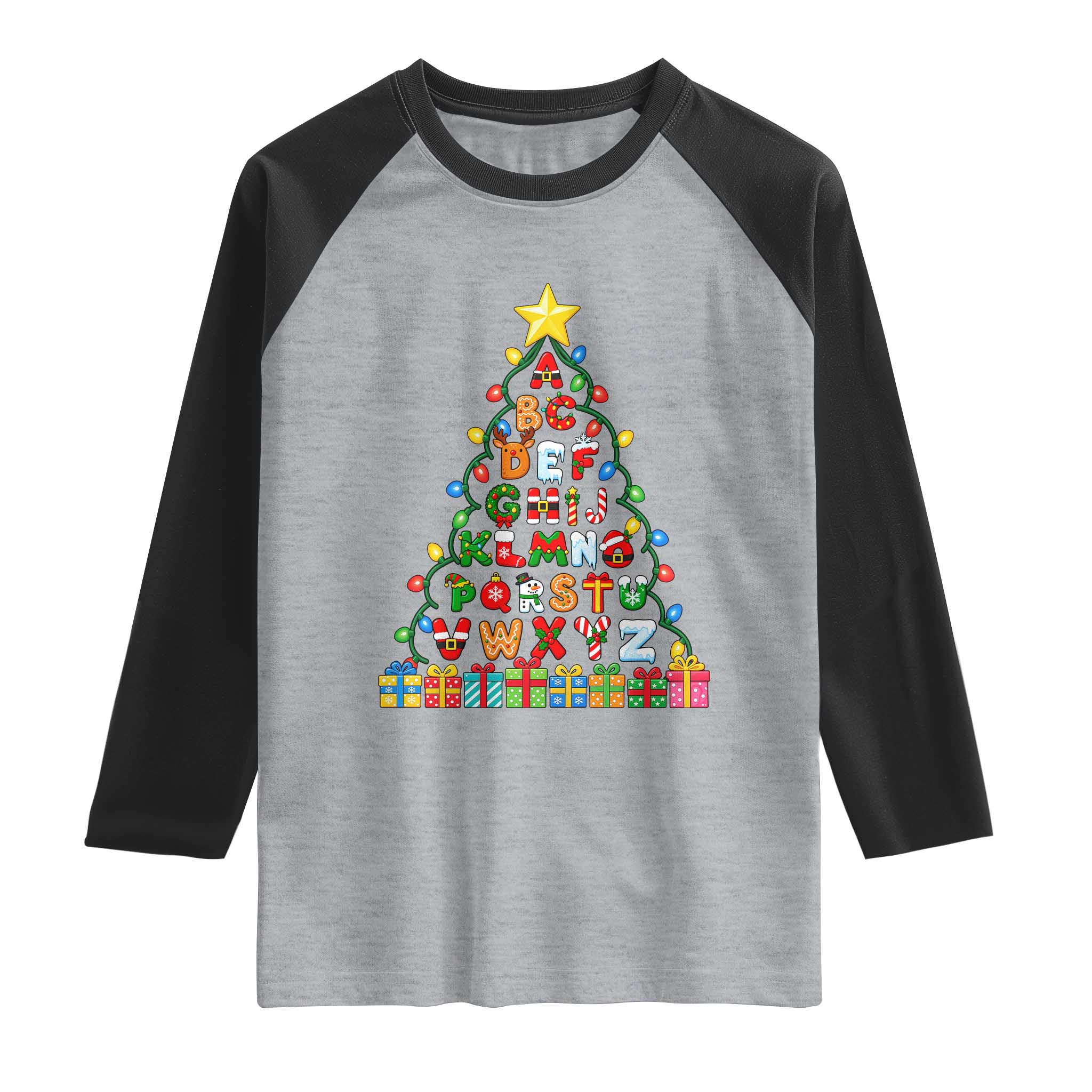 Funny Alphabet Christmas Tree Raglan Shirt Kindergarten Teacher Holiday Gift TS12