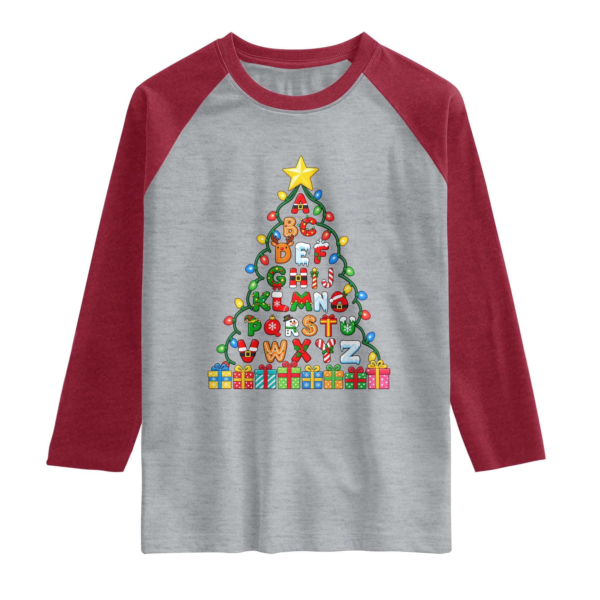 Funny Alphabet Christmas Tree Raglan Shirt Kindergarten Teacher Holiday Gift TS12