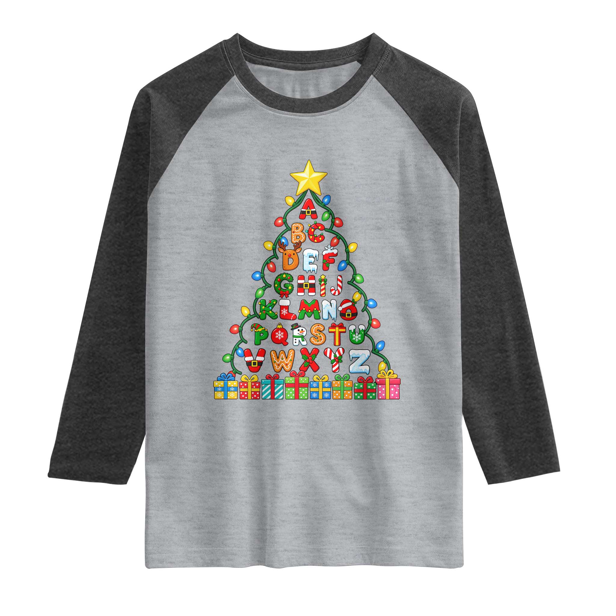 Funny Alphabet Christmas Tree Raglan Shirt Kindergarten Teacher Holiday Gift TS12