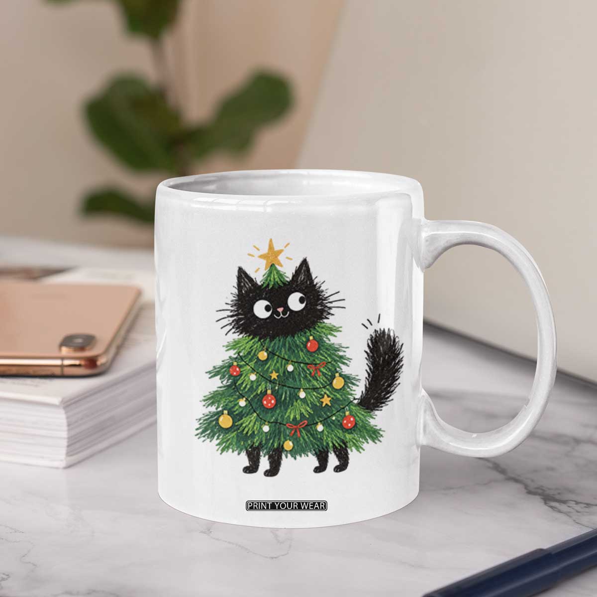 Funny Black Cat Christmas Tree Coffee Mug Holiday Kitten Cat Lover Graphic TS10