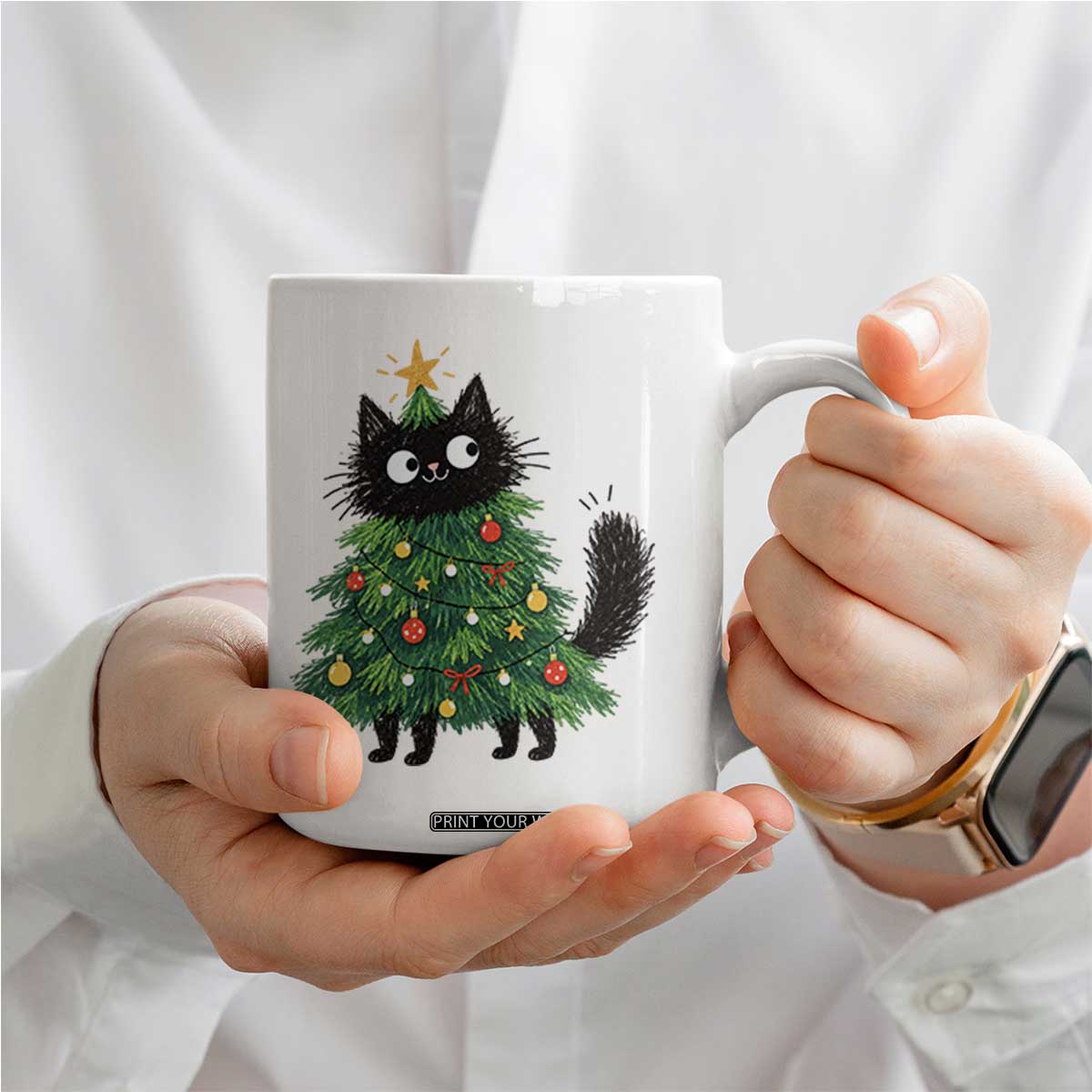Funny Black Cat Christmas Tree Coffee Mug Holiday Kitten Cat Lover Graphic TS10