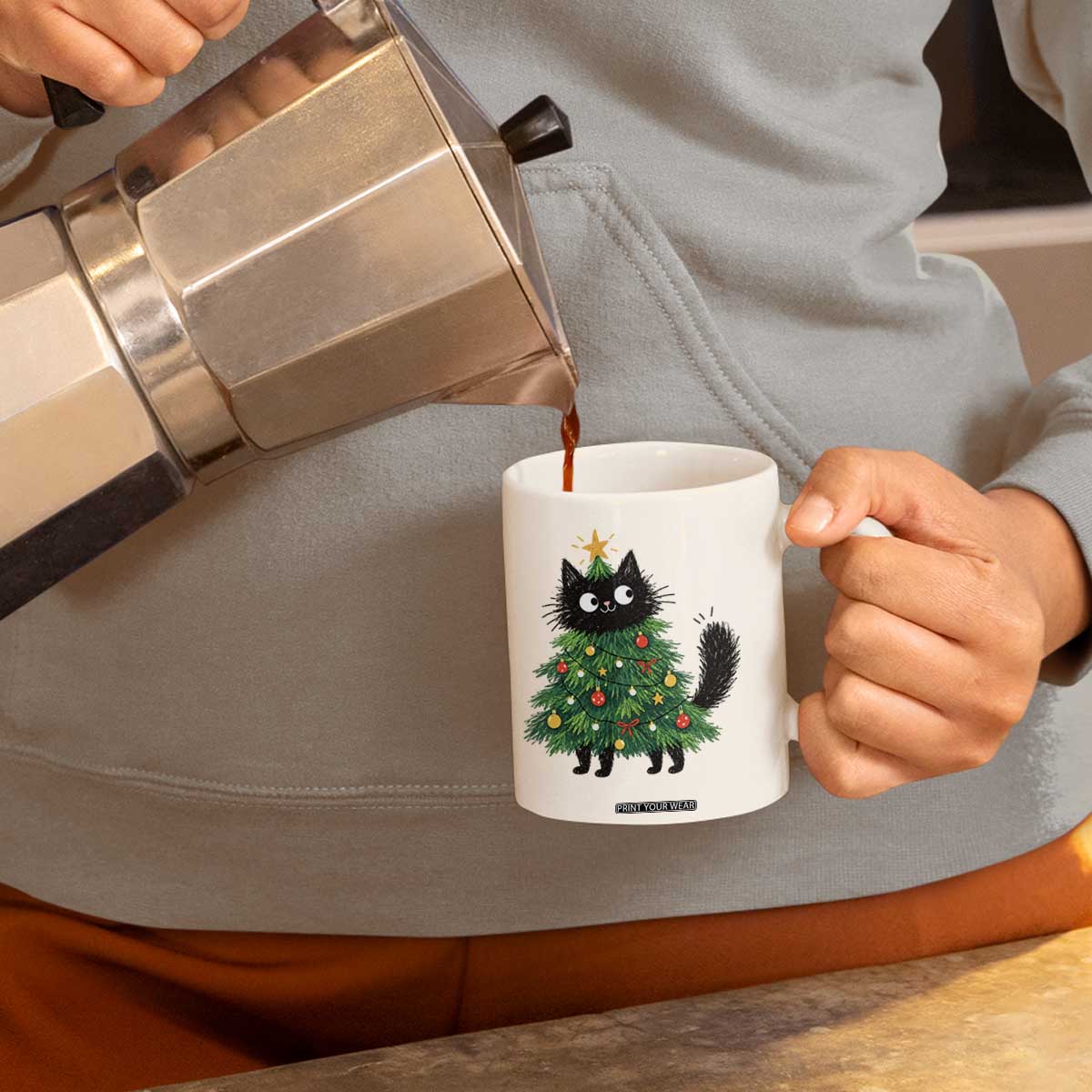 Funny Black Cat Christmas Tree Coffee Mug Holiday Kitten Cat Lover Graphic TS10