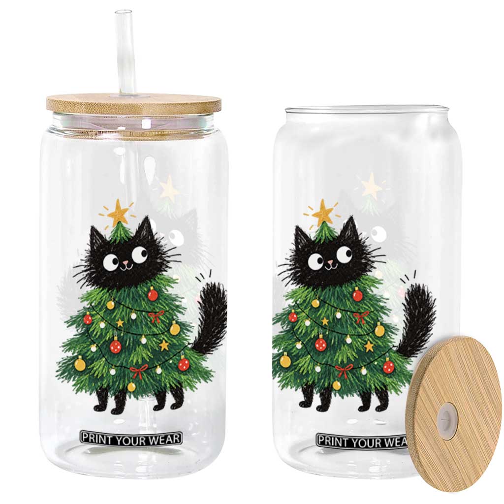 Funny Black Cat Christmas Tree Glass Can Holiday Kitten Cat Lover Graphic TS10