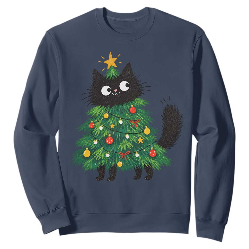 Funny Black Cat Christmas Tree Sweatshirt Holiday Kitten Cat Lover Graphic TS10