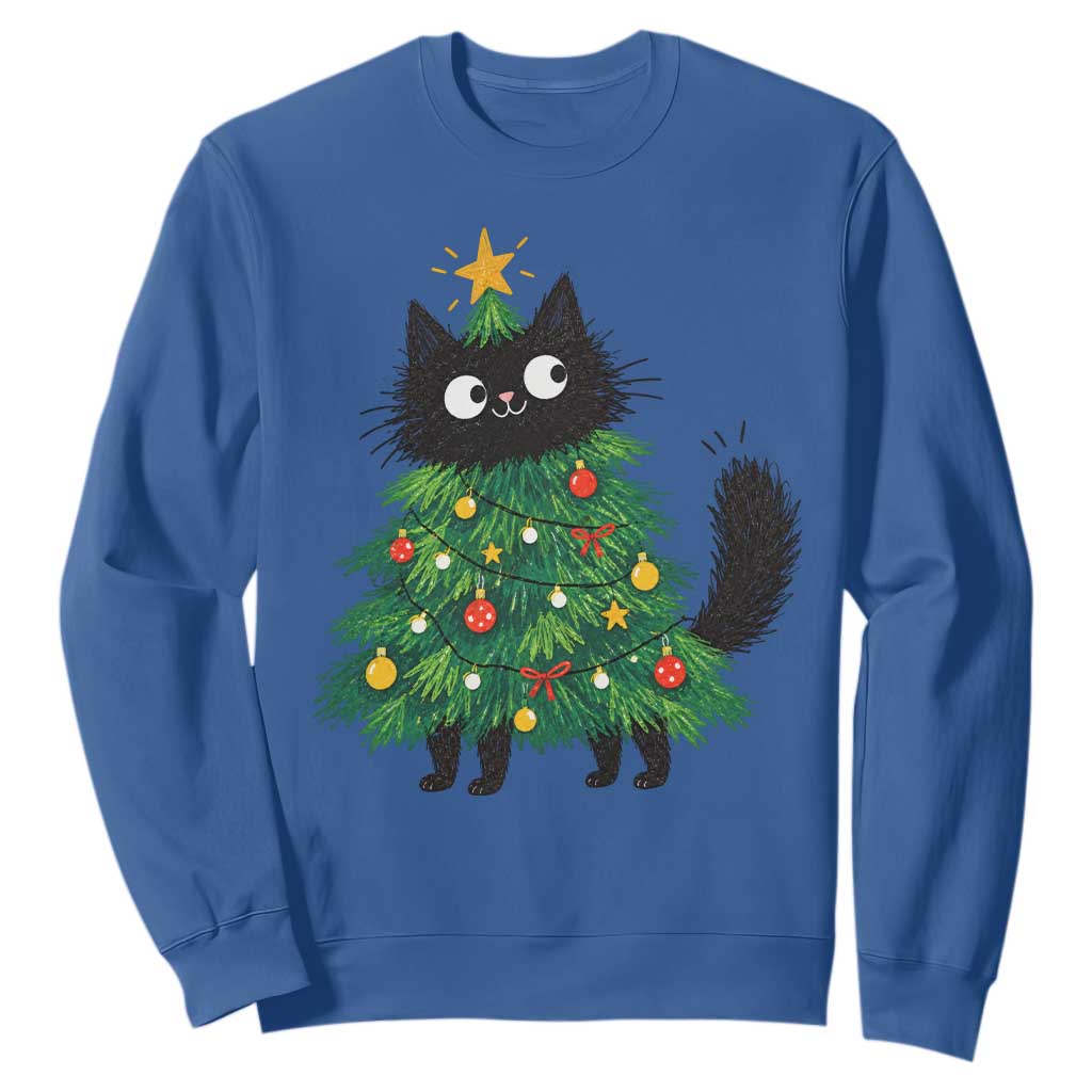Funny Black Cat Christmas Tree Sweatshirt Holiday Kitten Cat Lover Graphic TS10