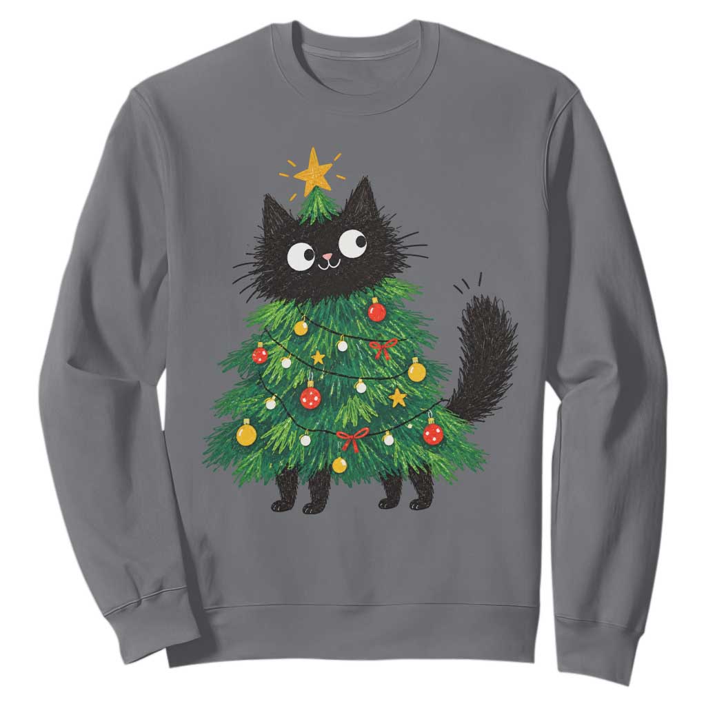 Funny Black Cat Christmas Tree Sweatshirt Holiday Kitten Cat Lover Graphic TS10