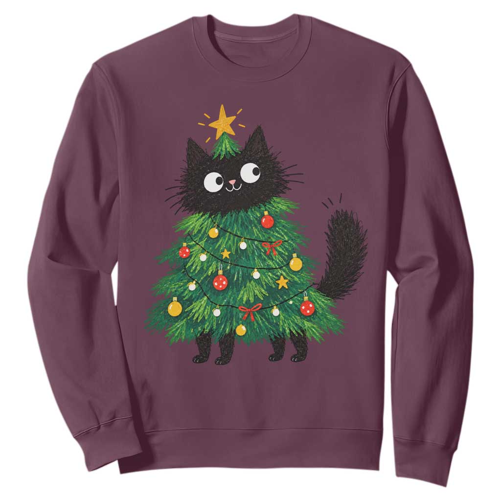 Funny Black Cat Christmas Tree Sweatshirt Holiday Kitten Cat Lover Graphic TS10