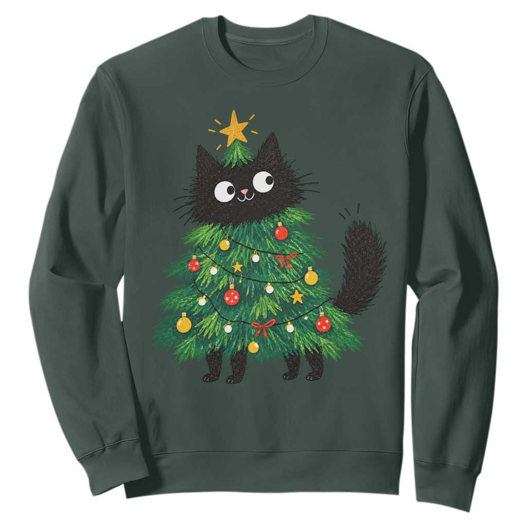 Funny Black Cat Christmas Tree Sweatshirt Holiday Kitten Cat Lover Graphic TS10