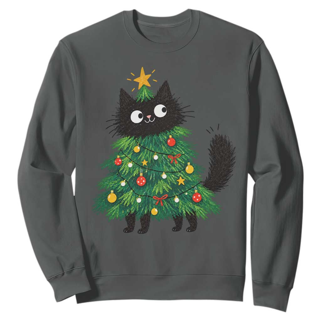 Funny Black Cat Christmas Tree Sweatshirt Holiday Kitten Cat Lover Graphic TS10