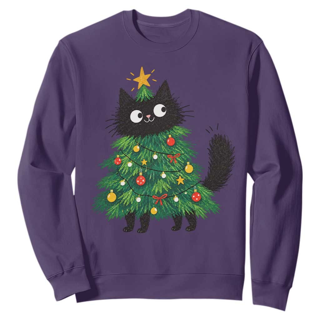 Funny Black Cat Christmas Tree Sweatshirt Holiday Kitten Cat Lover Graphic TS10
