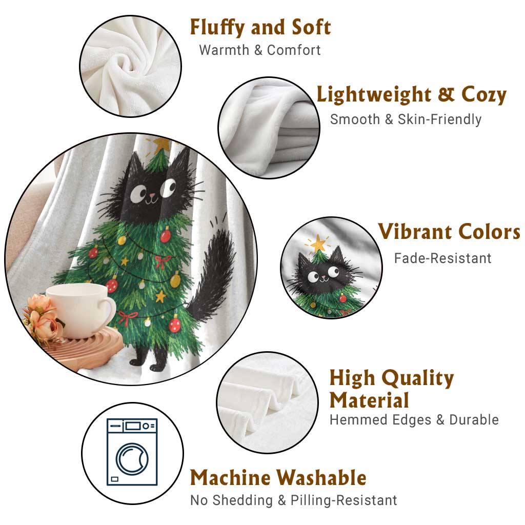 Funny Black Cat Christmas Tree Throw Blanket Holiday Kitten Cat Lover Graphic TS10