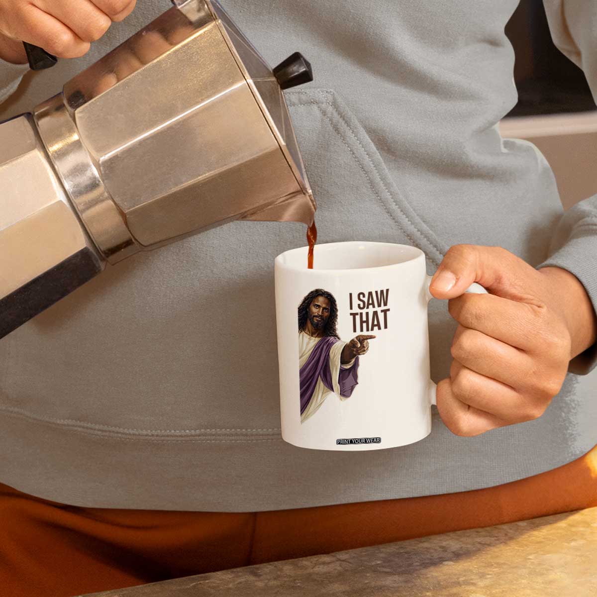 Funny Black Jesus Christian Coffee Mug I Saw That Pointing Finger TS12