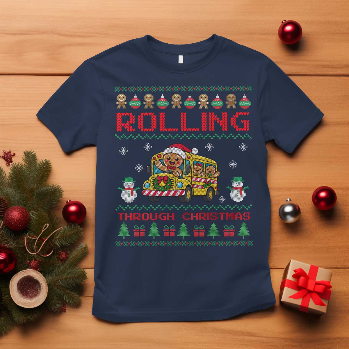 Funny Gingerbread School Bus Driver T Shirt Rolling Through Christmas Gift TS12