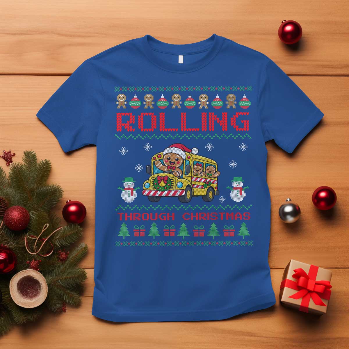 Funny Gingerbread School Bus Driver T Shirt Rolling Through Christmas Gift TS12