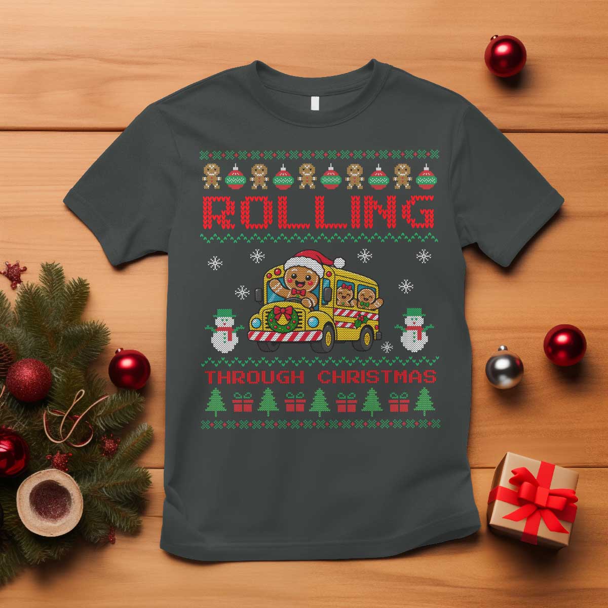 Funny Gingerbread School Bus Driver T Shirt Rolling Through Christmas Gift TS12