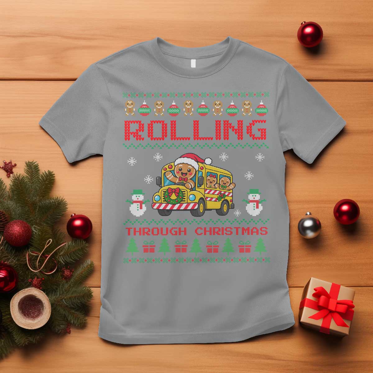 Funny Gingerbread School Bus Driver T Shirt Rolling Through Christmas Gift TS12
