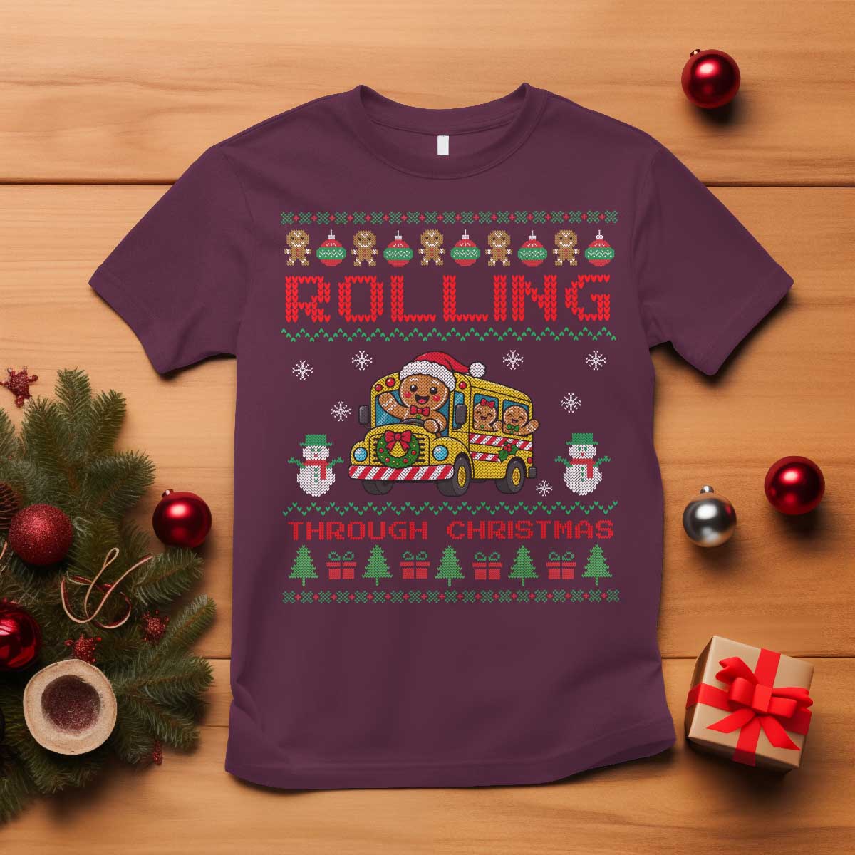 Funny Gingerbread School Bus Driver T Shirt Rolling Through Christmas Gift TS12