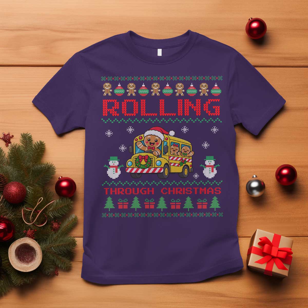 Funny Gingerbread School Bus Driver T Shirt Rolling Through Christmas Gift TS12