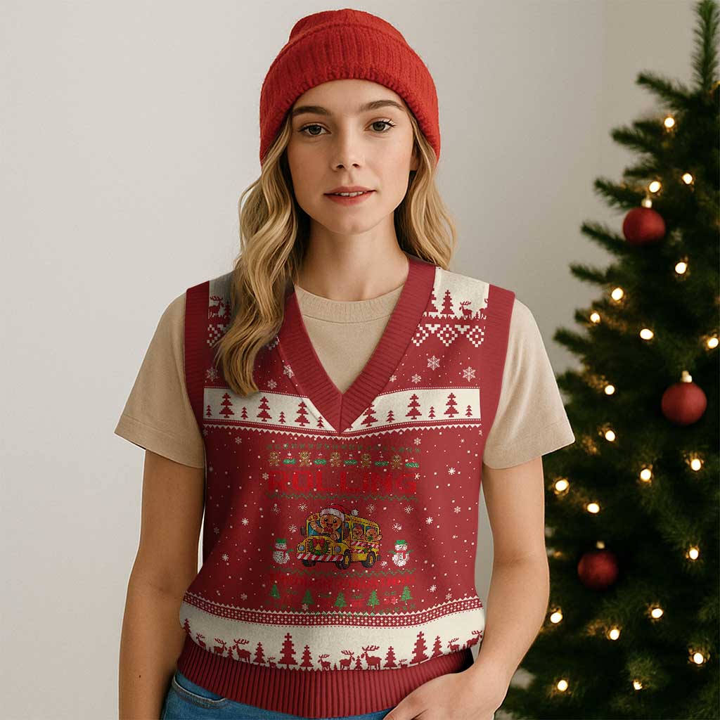 Funny Gingerbread School Bus Driver V-Neck Knit Sweater Vest Rolling Through Xmas Gift TS12