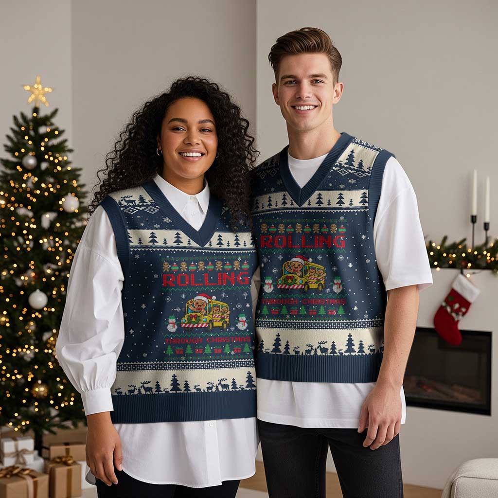 Funny Gingerbread School Bus Driver V-Neck Knit Sweater Vest Rolling Through Xmas Gift TS12