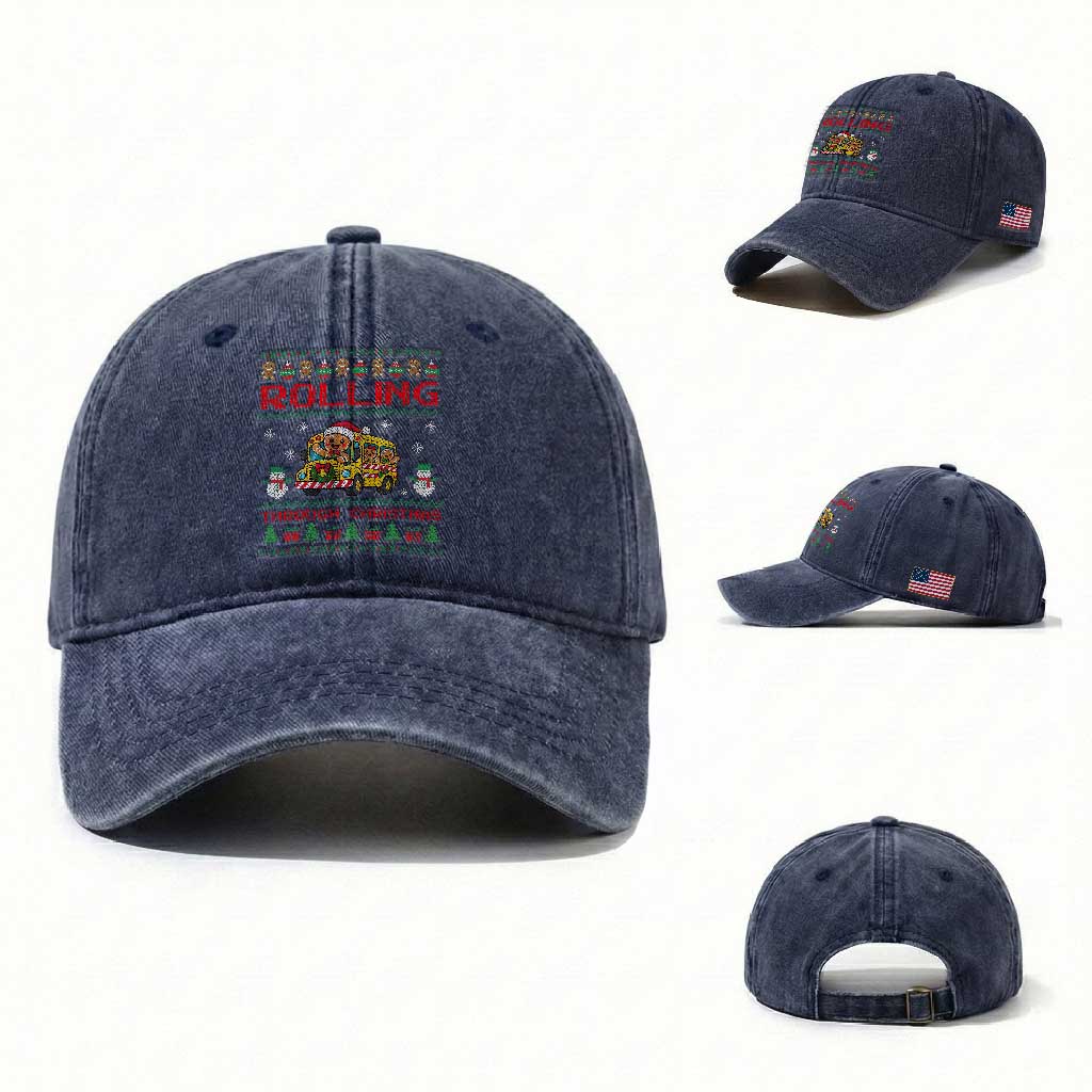 Funny Gingerbread School Bus Driver Washed Cotton Baseball Cap Rolling Through Christmas Gift TS12