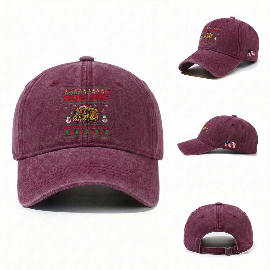 Funny Gingerbread School Bus Driver Washed Cotton Baseball Cap Rolling Through Christmas Gift TS12