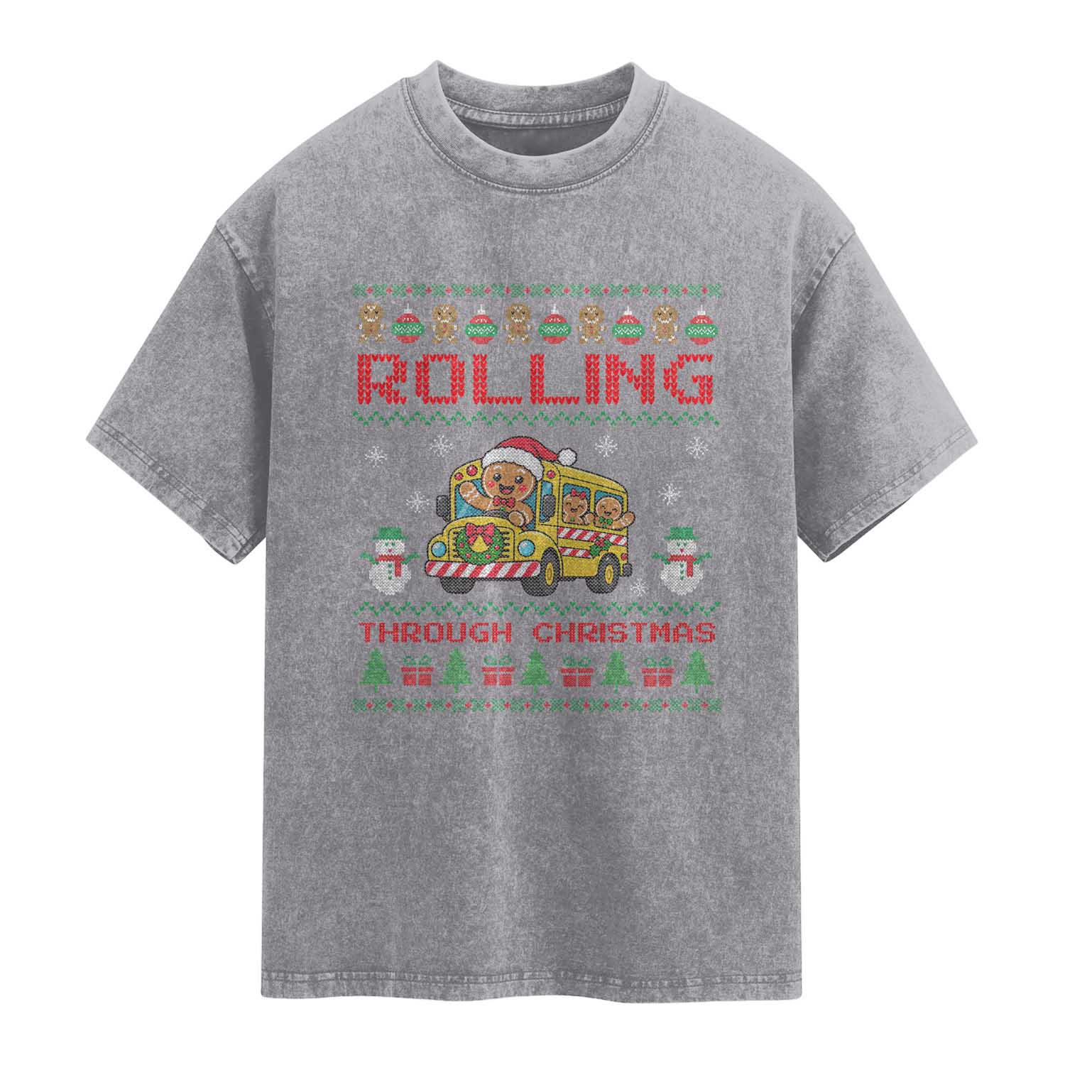 Funny Gingerbread School Bus Driver Washed Cotton T-Shirt Rolling Through Christmas Gift TS12
