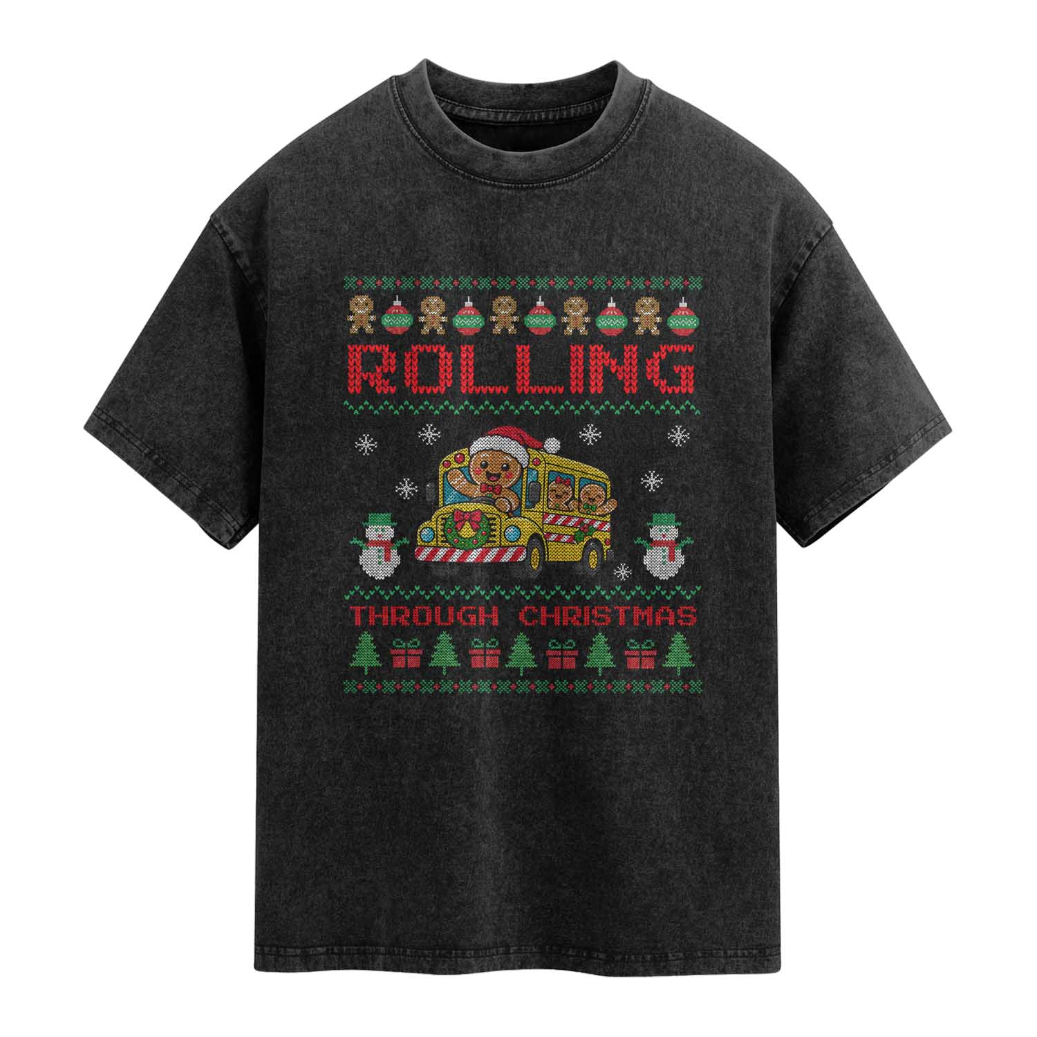 Funny Gingerbread School Bus Driver Washed Cotton T-Shirt Rolling Through Christmas Gift TS12