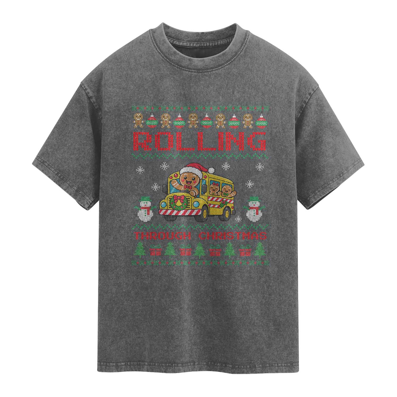 Funny Gingerbread School Bus Driver Washed Cotton T-Shirt Rolling Through Christmas Gift TS12