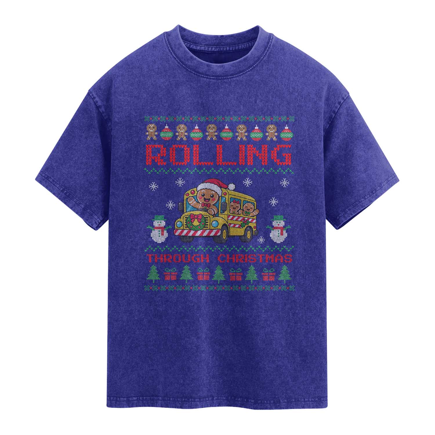 Funny Gingerbread School Bus Driver Washed Cotton T-Shirt Rolling Through Christmas Gift TS12