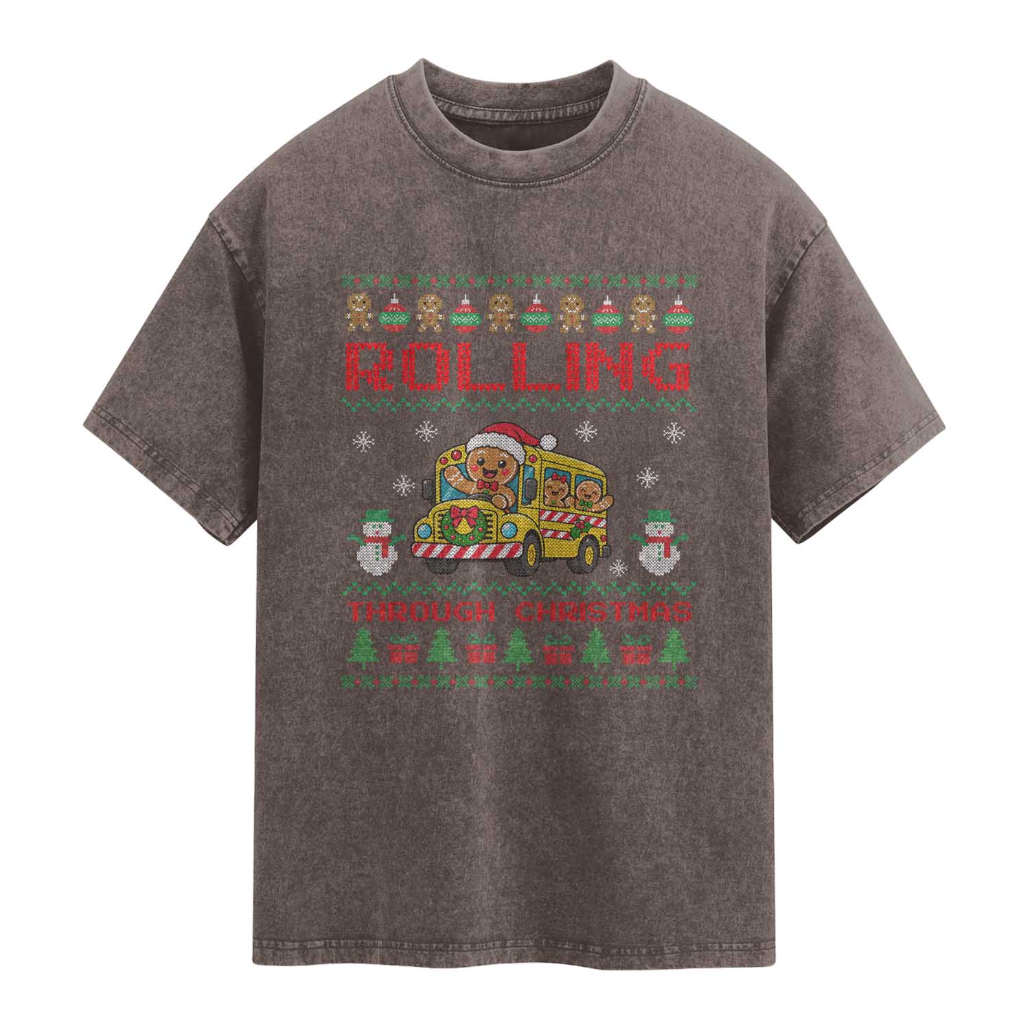 Funny Gingerbread School Bus Driver Washed Cotton T-Shirt Rolling Through Christmas Gift TS12