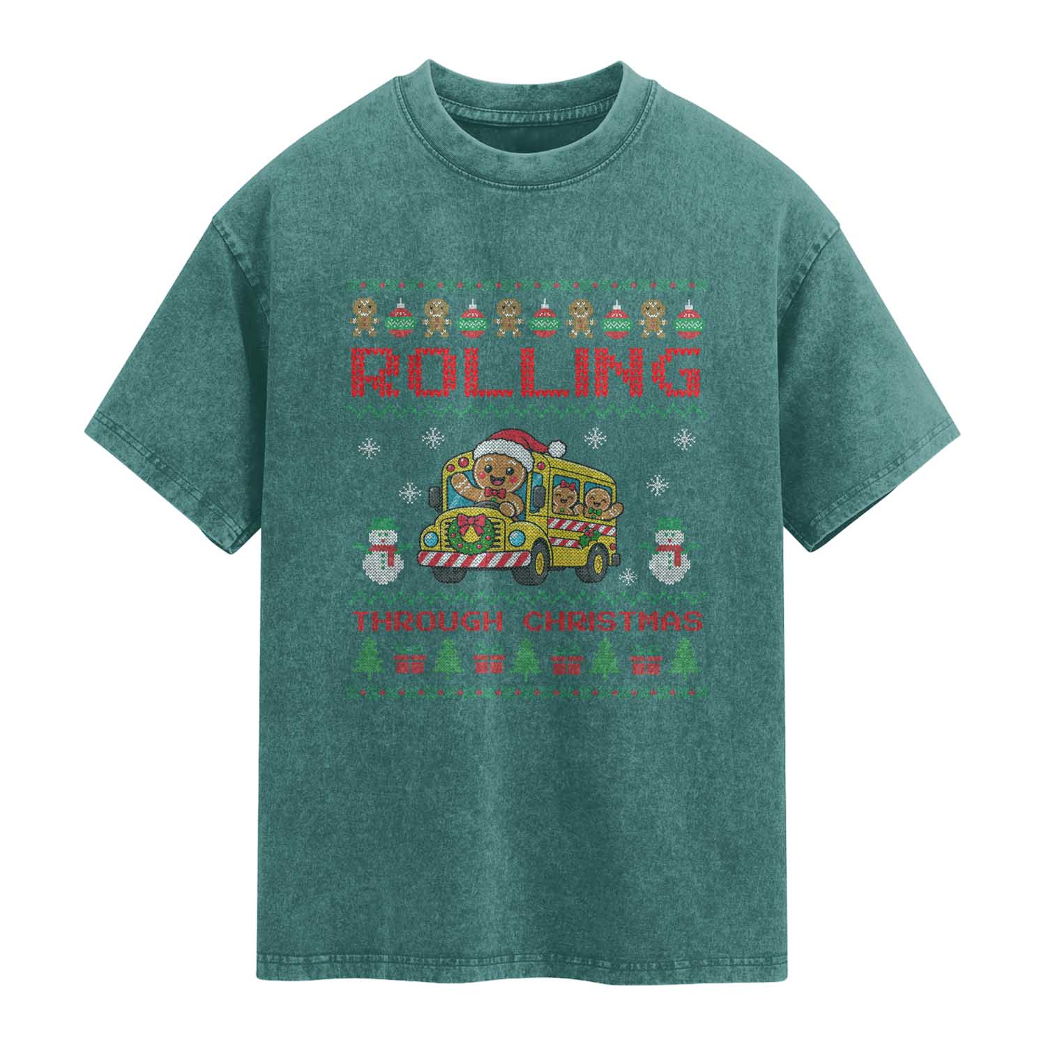 Funny Gingerbread School Bus Driver Washed Cotton T-Shirt Rolling Through Christmas Gift TS12