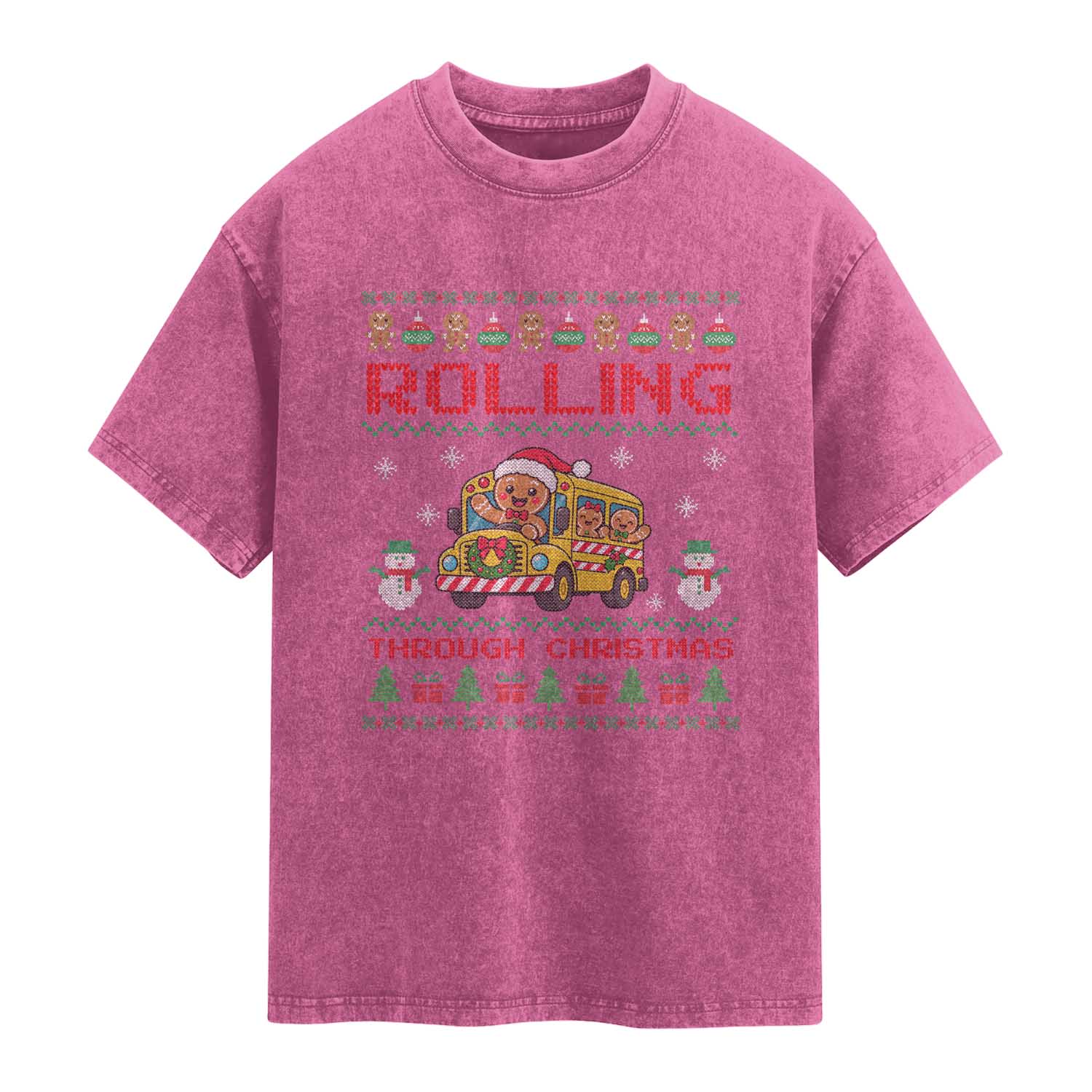 Funny Gingerbread School Bus Driver Washed Cotton T-Shirt Rolling Through Christmas Gift TS12