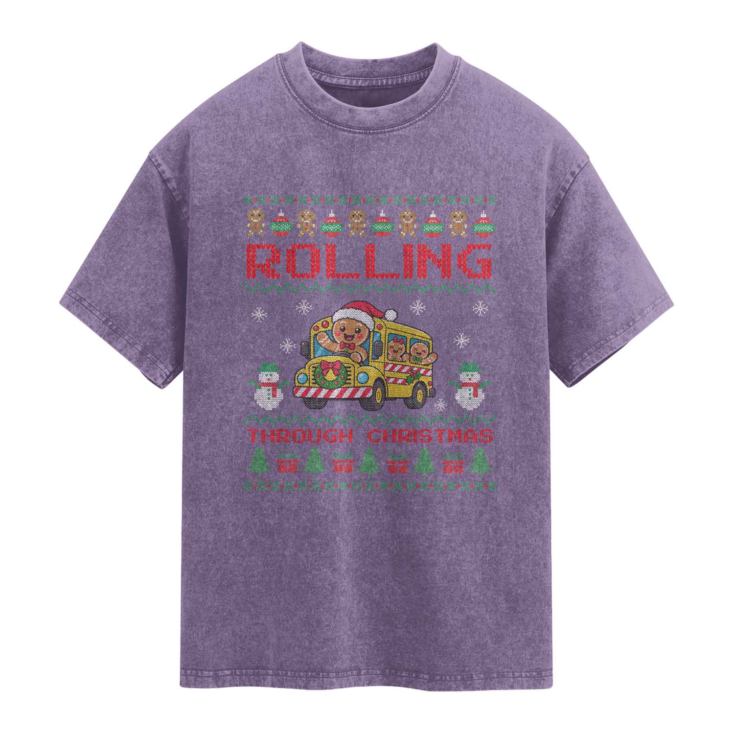 Funny Gingerbread School Bus Driver Washed Cotton T-Shirt Rolling Through Christmas Gift TS12