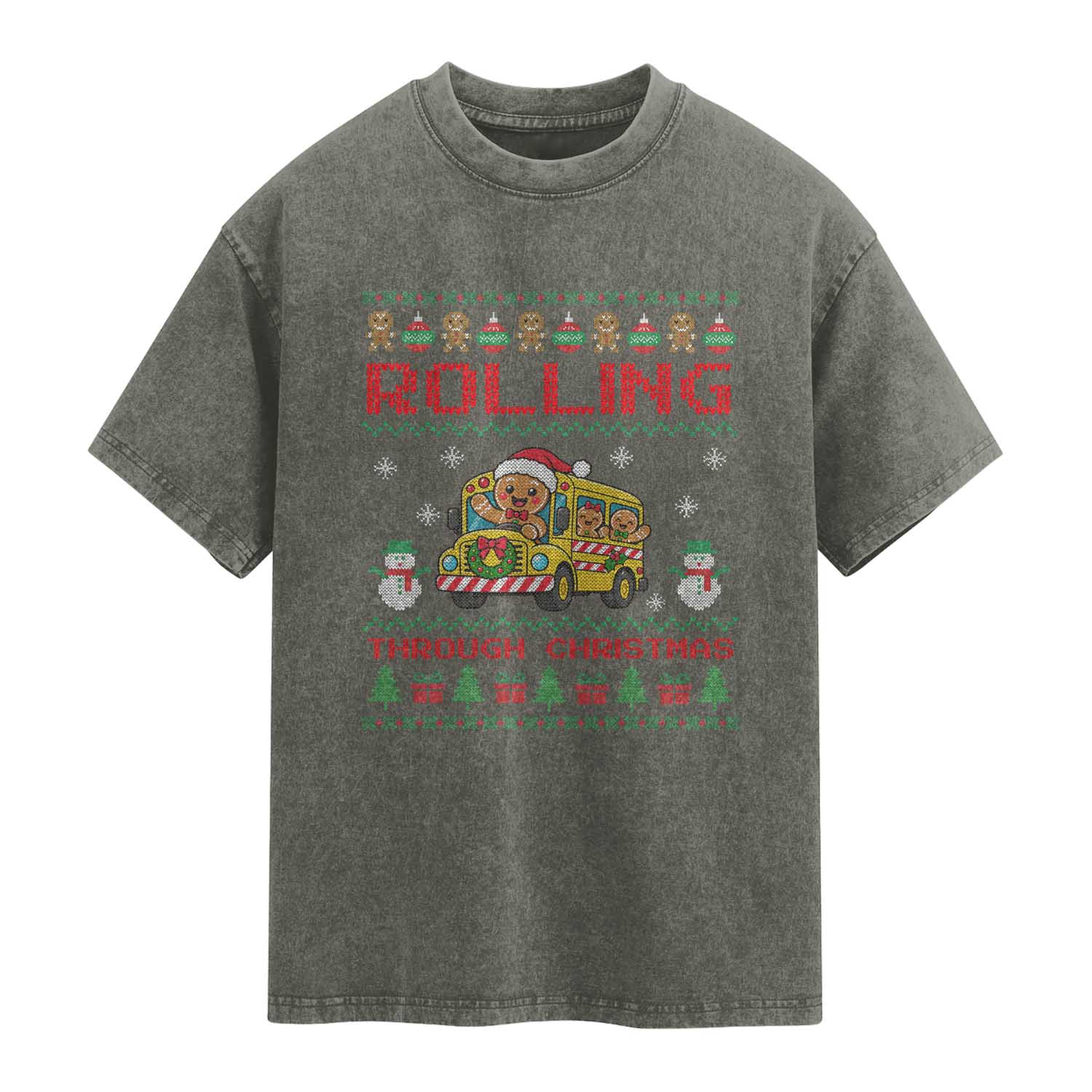 Funny Gingerbread School Bus Driver Washed Cotton T-Shirt Rolling Through Christmas Gift TS12