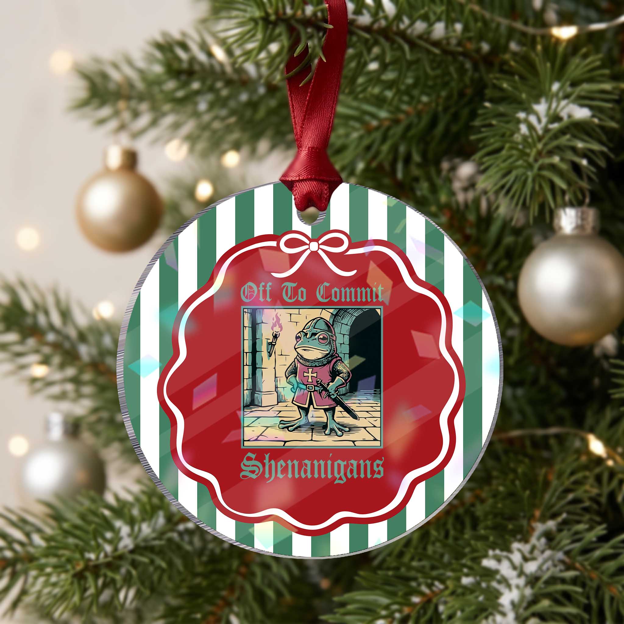 Funny Medieval Frog Knight Fantasy RPG Meme Holographic Acrylic Ornament Off To Commit Shenanigans TS02