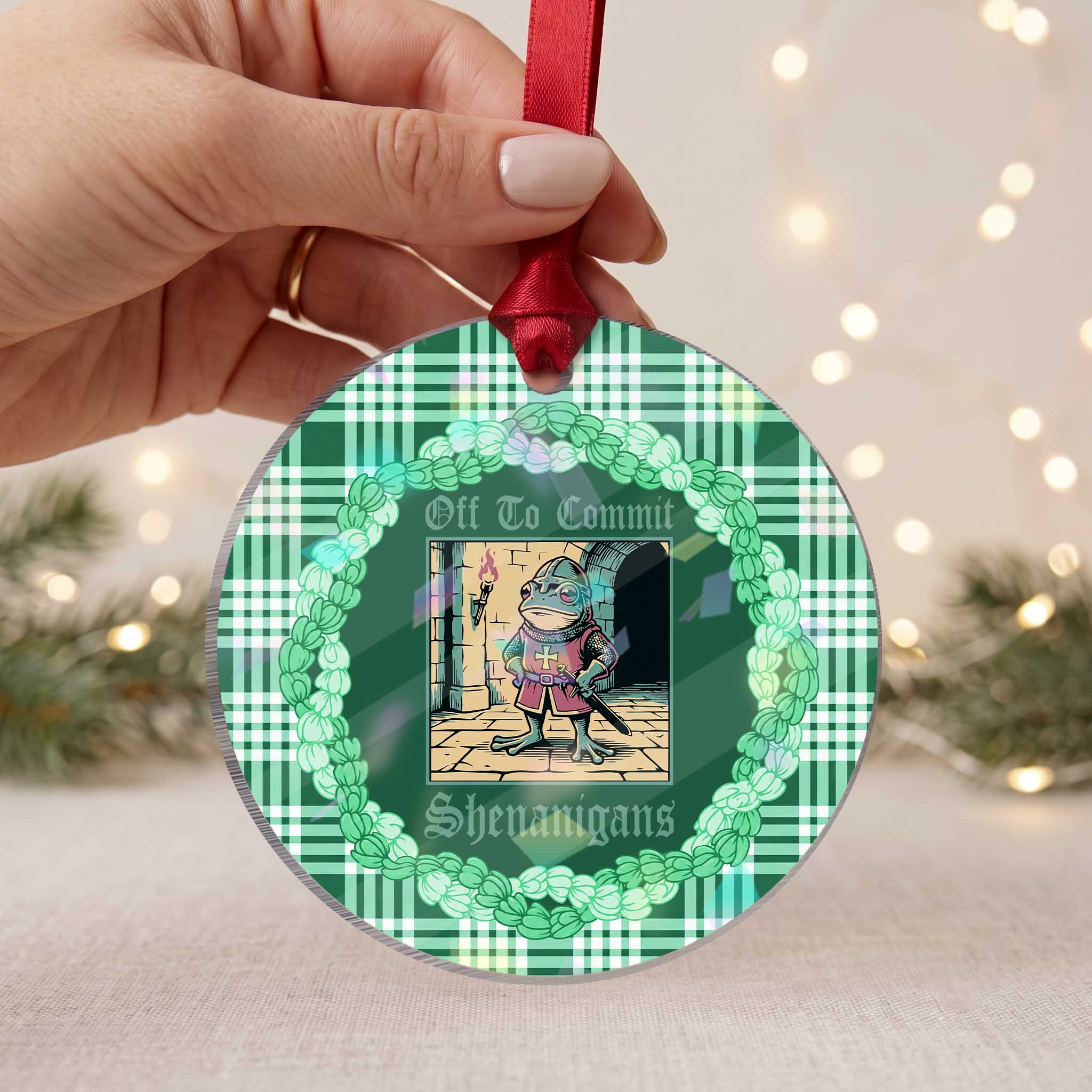 Funny Medieval Frog Knight Fantasy RPG Meme Holographic Acrylic Ornament Off To Commit Shenanigans TS02
