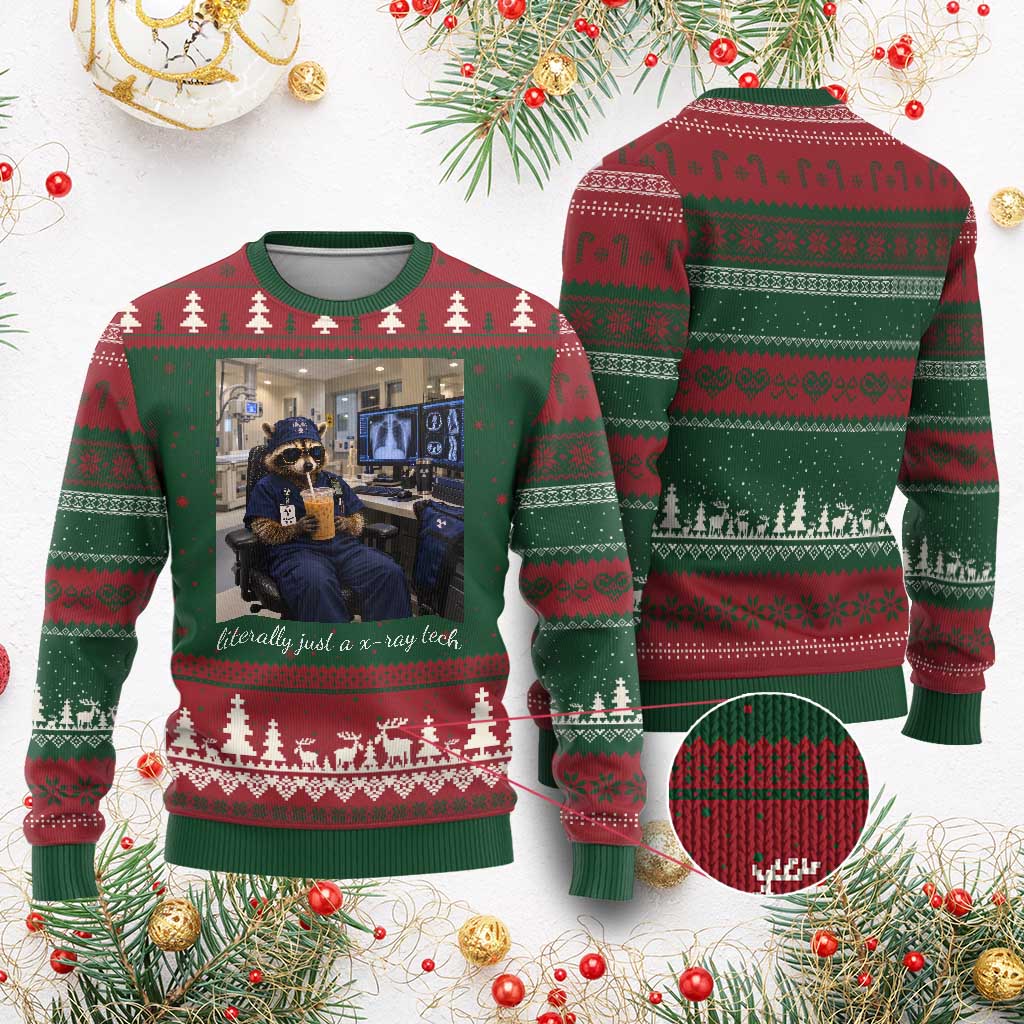 Funny Radiology Tech Raccoon Ugly Christmas Sweater Literally Just A X ray Tech Nurses TS11