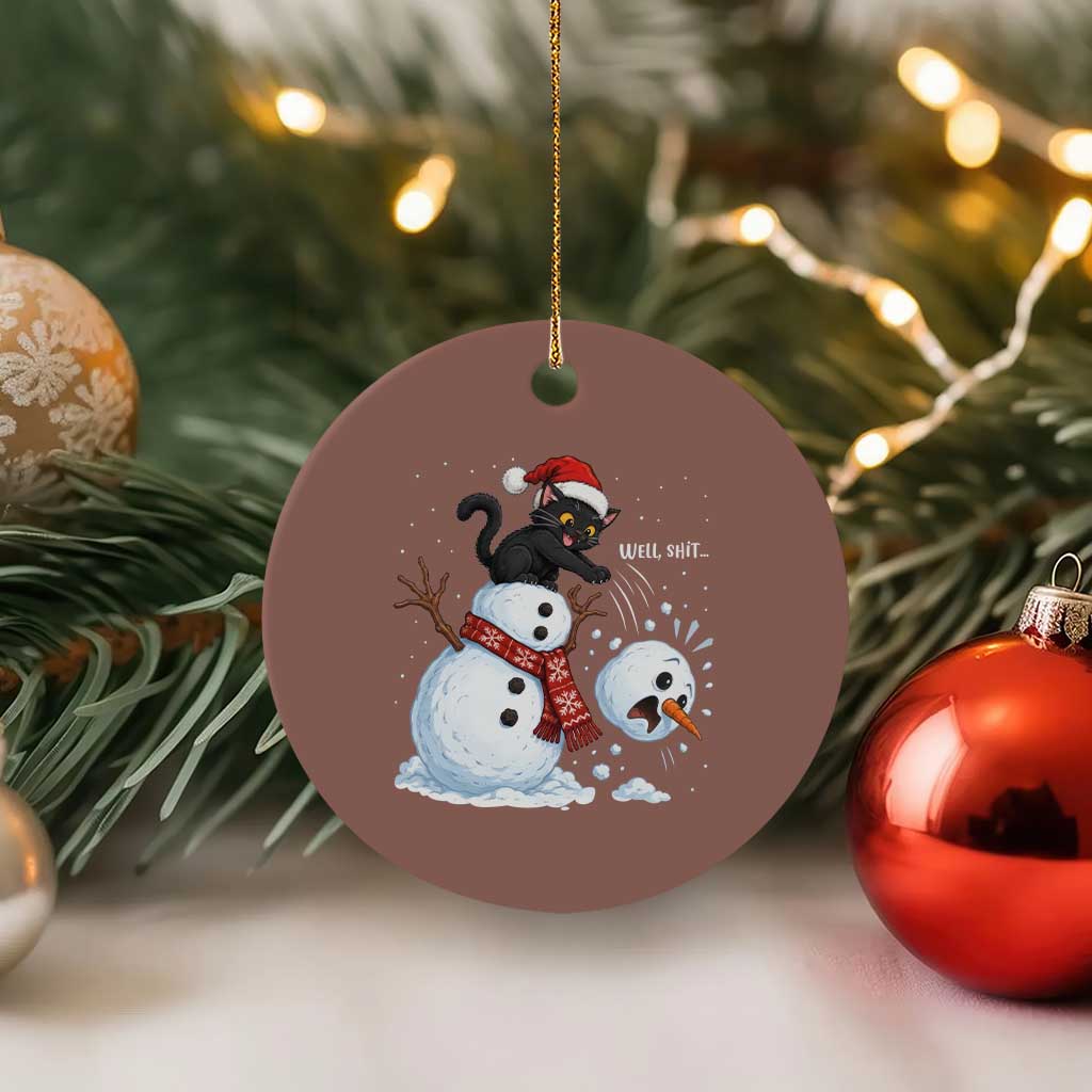 Funny Well Shit Black Cat Ceramic Ornament Knocking Over Snowman Head Christmas TS12