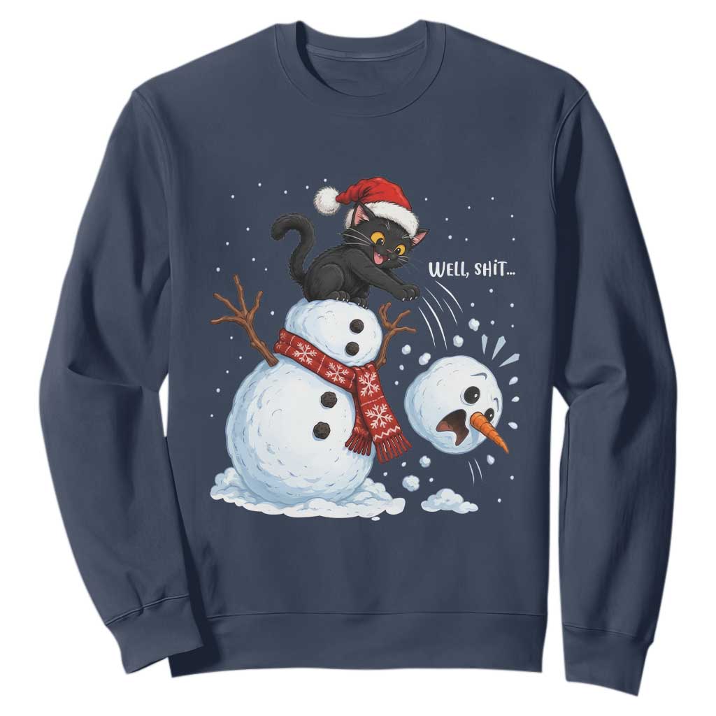 Funny Well Shit Black Cat Sweatshirt Knocking Over Snowman Head Christmas TS12