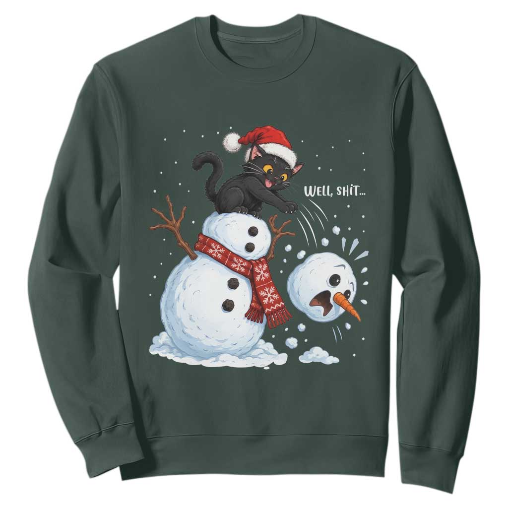 Funny Well Shit Black Cat Sweatshirt Knocking Over Snowman Head Christmas TS12