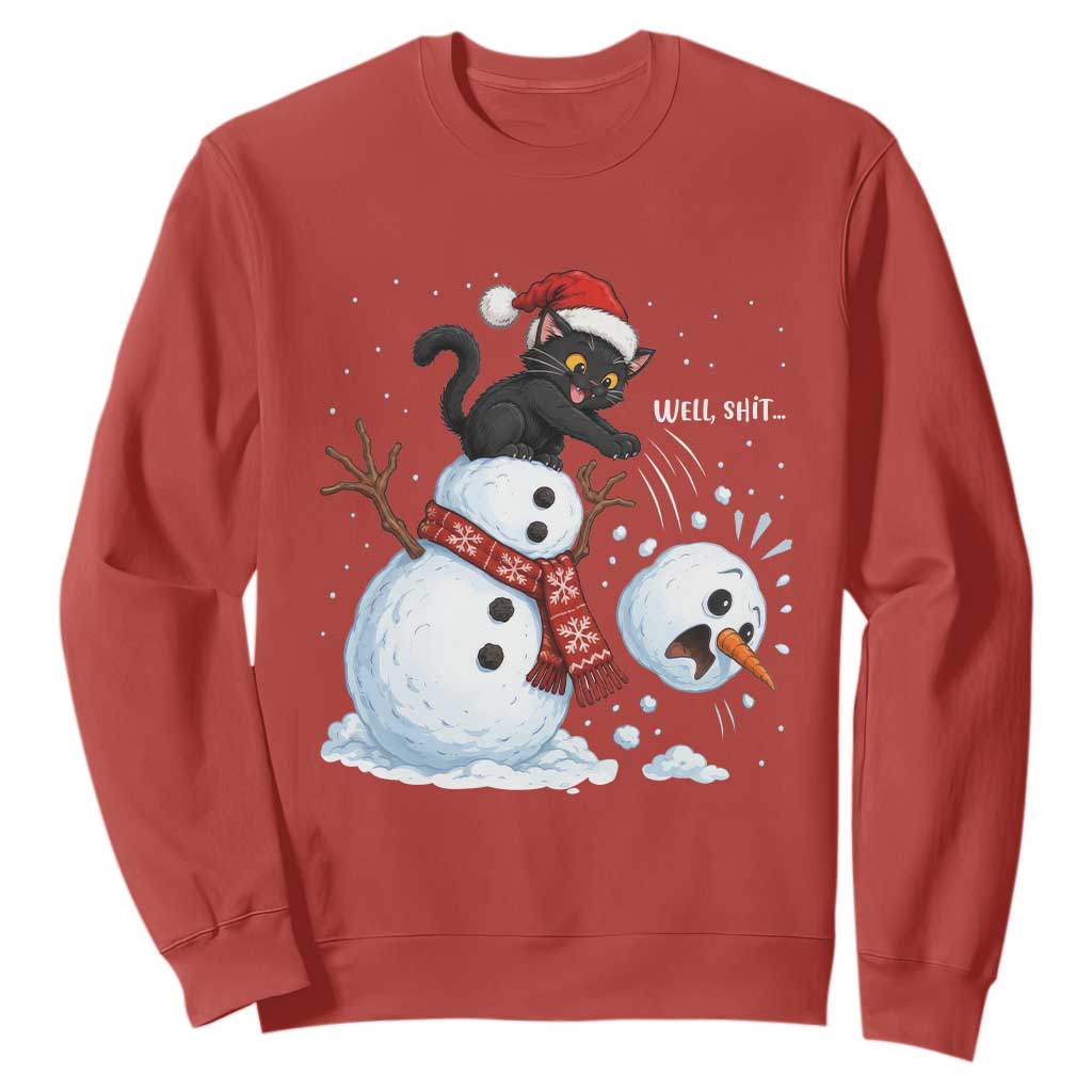 Funny Well Shit Black Cat Sweatshirt Knocking Over Snowman Head Christmas TS12