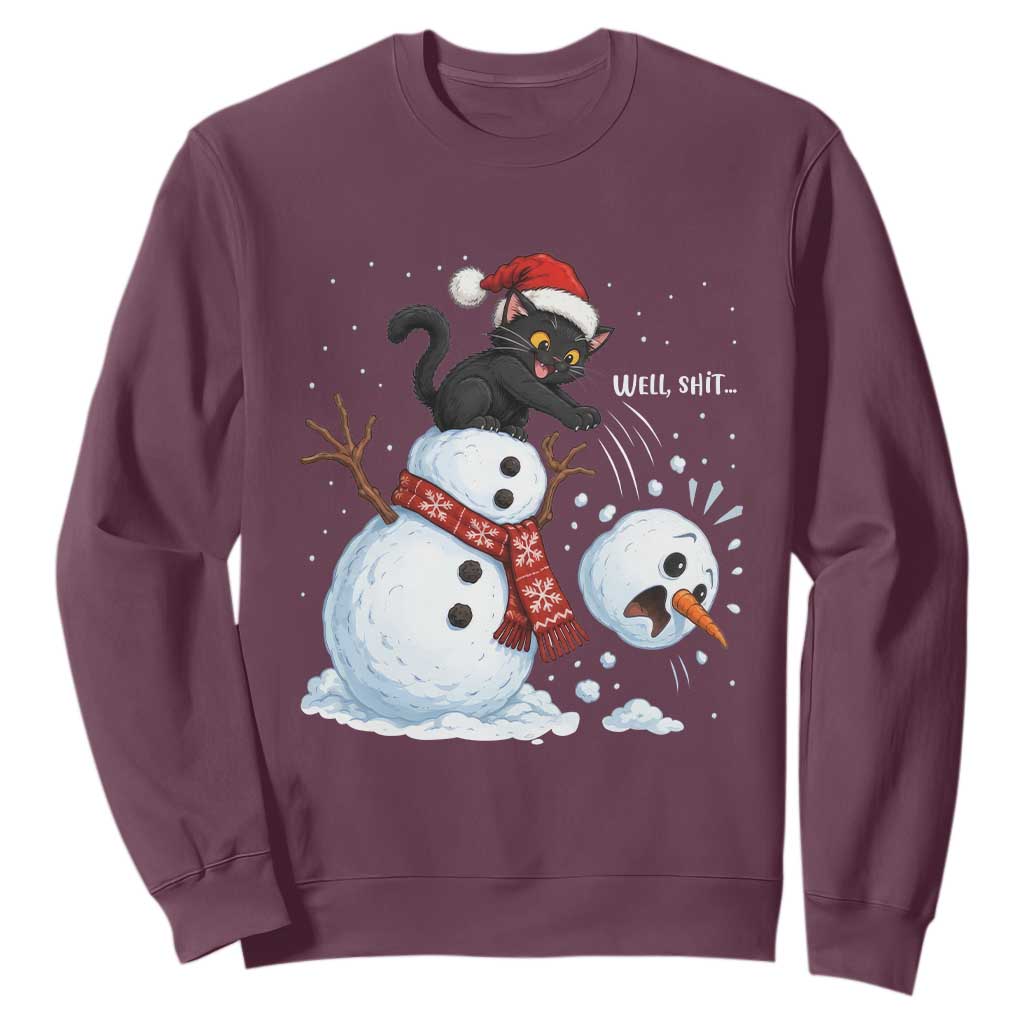 Funny Well Shit Black Cat Sweatshirt Knocking Over Snowman Head Christmas TS12