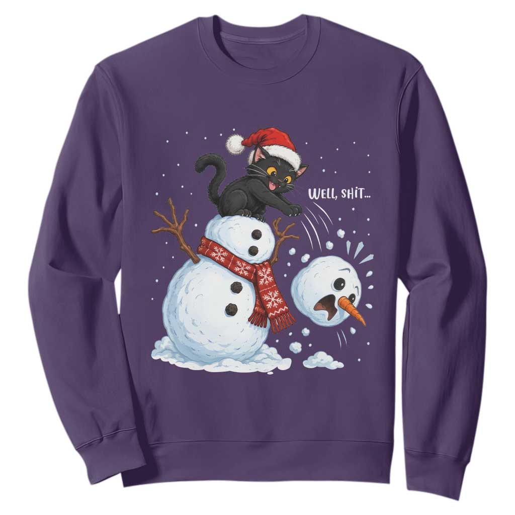 Funny Well Shit Black Cat Sweatshirt Knocking Over Snowman Head Christmas TS12
